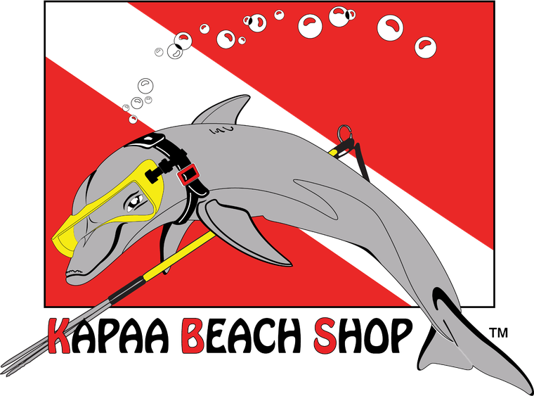 Kapaa Beach Shop logo, a masked dolphin on a red and white dive flag