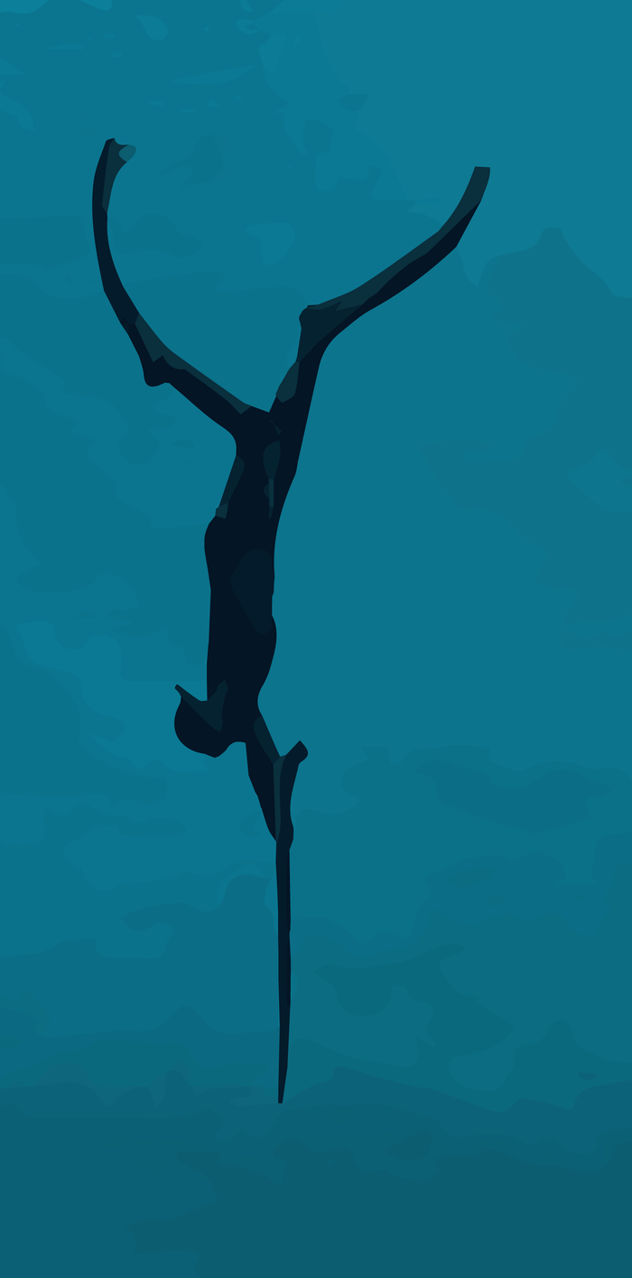 A freediver descending into deep teal water with a speargun